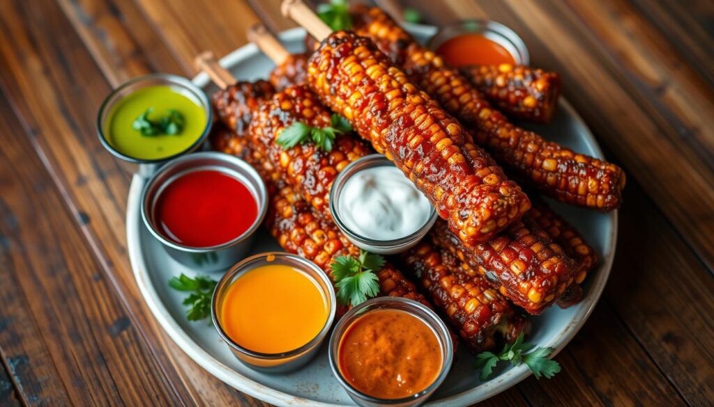 Corn ribs with dipping sauces