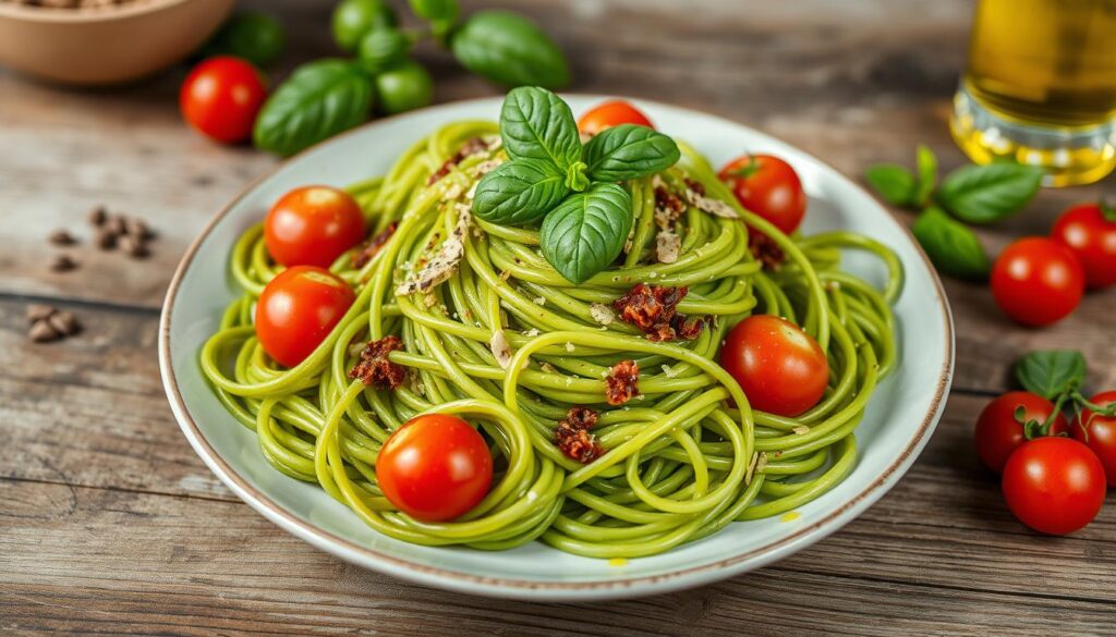 green spaghetti dish